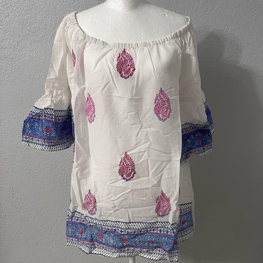 Debbie Katz NWT Size Small Tunic Cover Up Embroidered Bohemian White, Pink, Blue
